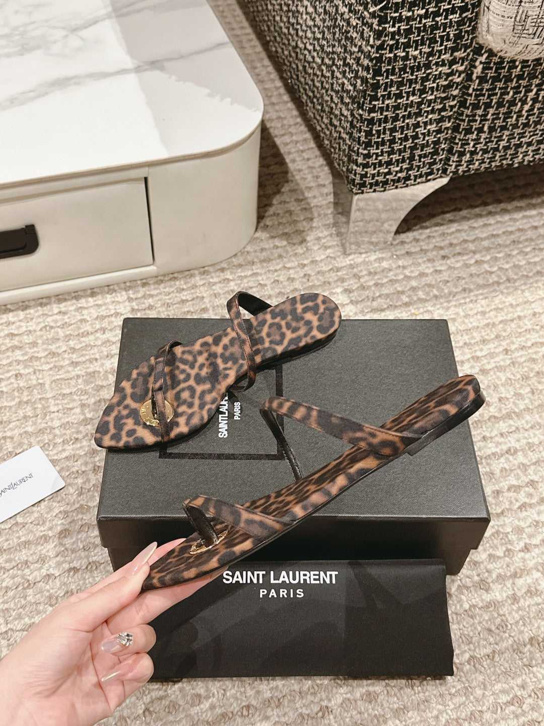 SL TANGER SLIDES LEOPARD SATIN