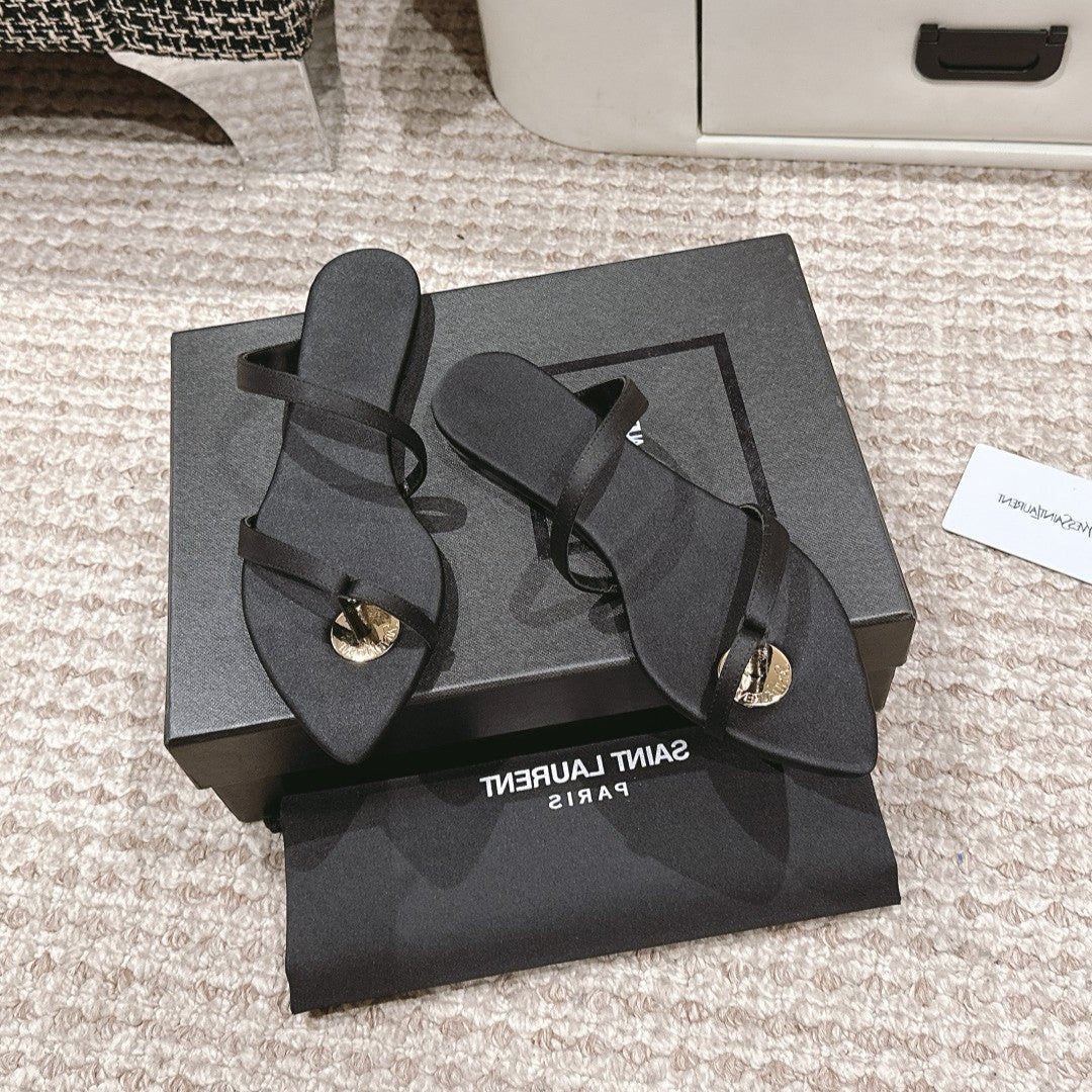SL TANGER SLIDES BLACK SATIN