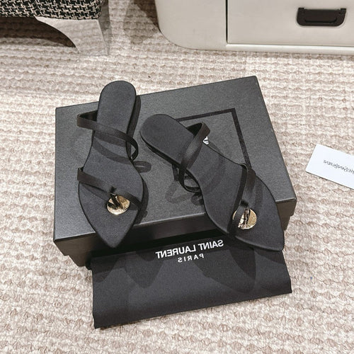 SL TANGER SLIDES BLACK SATIN