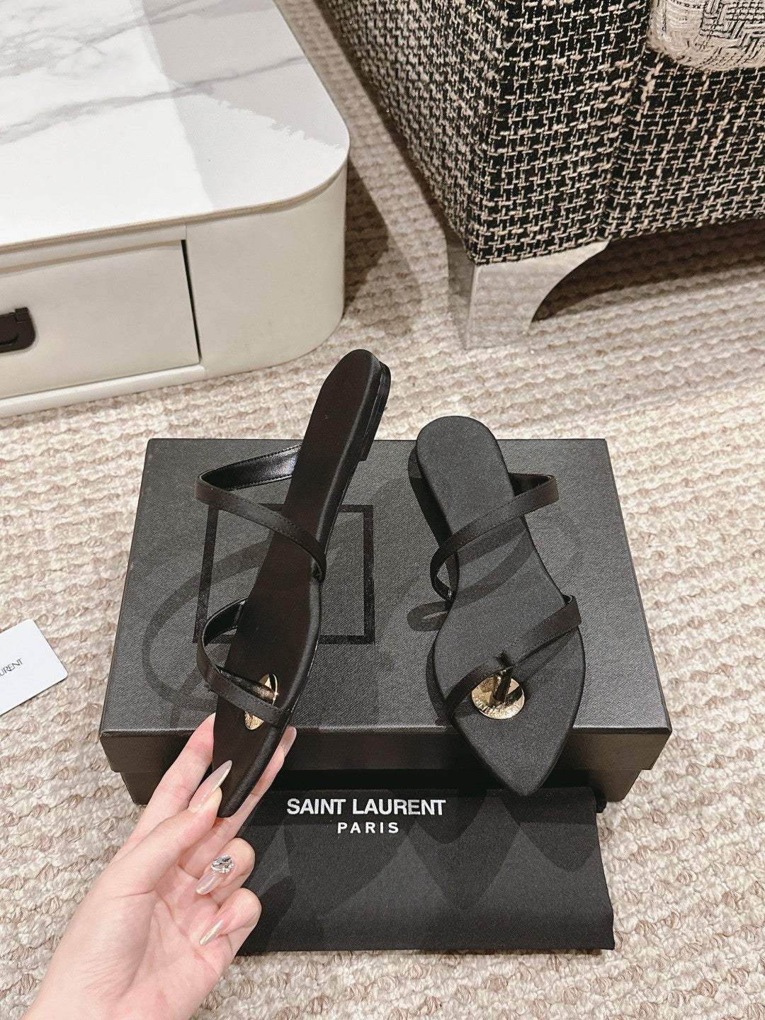 SL TANGER SLIDES BLACK SATIN