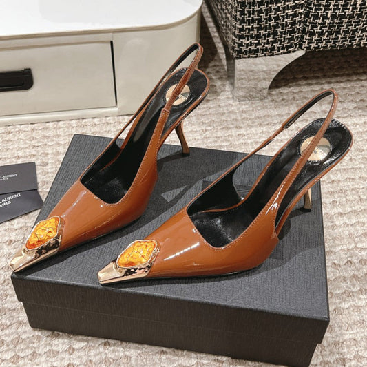 DUNE HIGH 10 CM SLINGBACK PUMPS IN BRONZE BROWN PATENT LEATHER WITH CRYSTAL