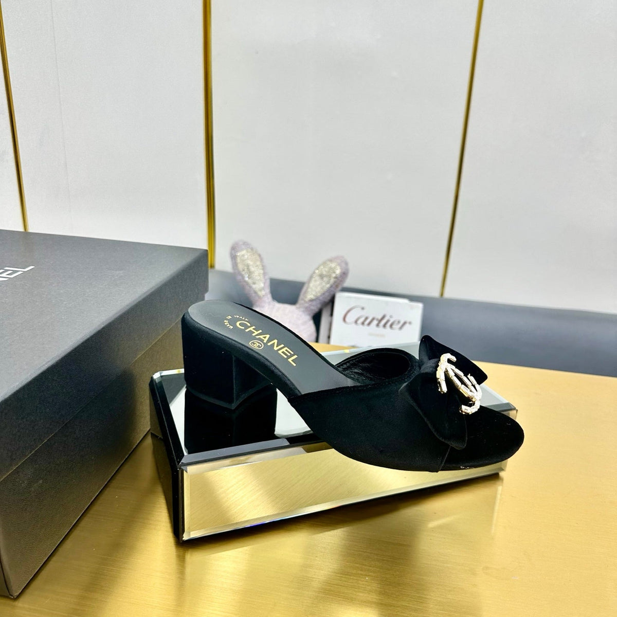 BOWKNOT RHINESTONES MID HEEL MULE IN BLACK VELVET