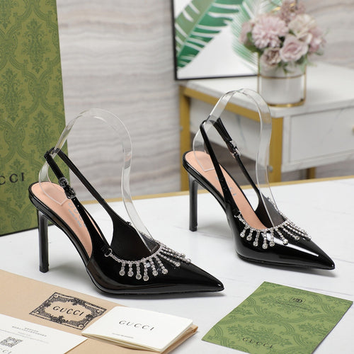 GG CRYSTAL HIGH HEEL SANDAL BLACK LAMBSKIN