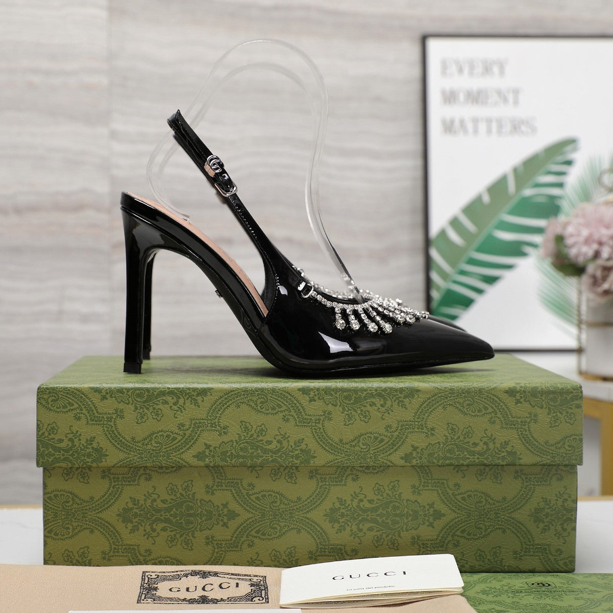GG CRYSTAL HIGH HEEL SANDAL BLACK LAMBSKIN