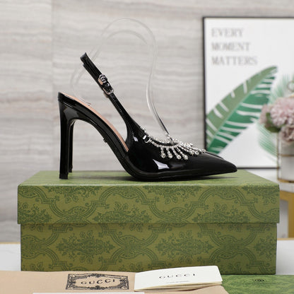 GG CRYSTAL HIGH HEEL SANDAL BLACK LAMBSKIN