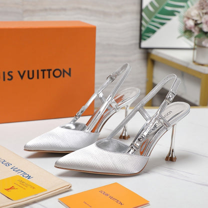 LV WOMEN BLOSSOM SLINGBACK PUMP IN SILVER EMBROIDERED FABRIC
