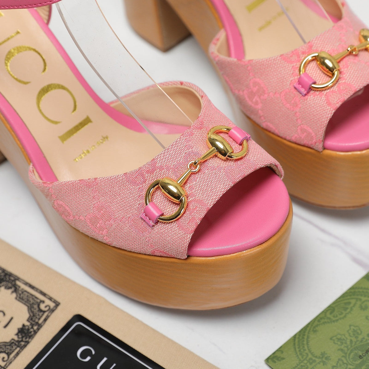 GG HORSEBIT WEDGE SANDAL IN PINK MONOGRAM JACQUARD FABRIC AND SHEEPSKIN LINING