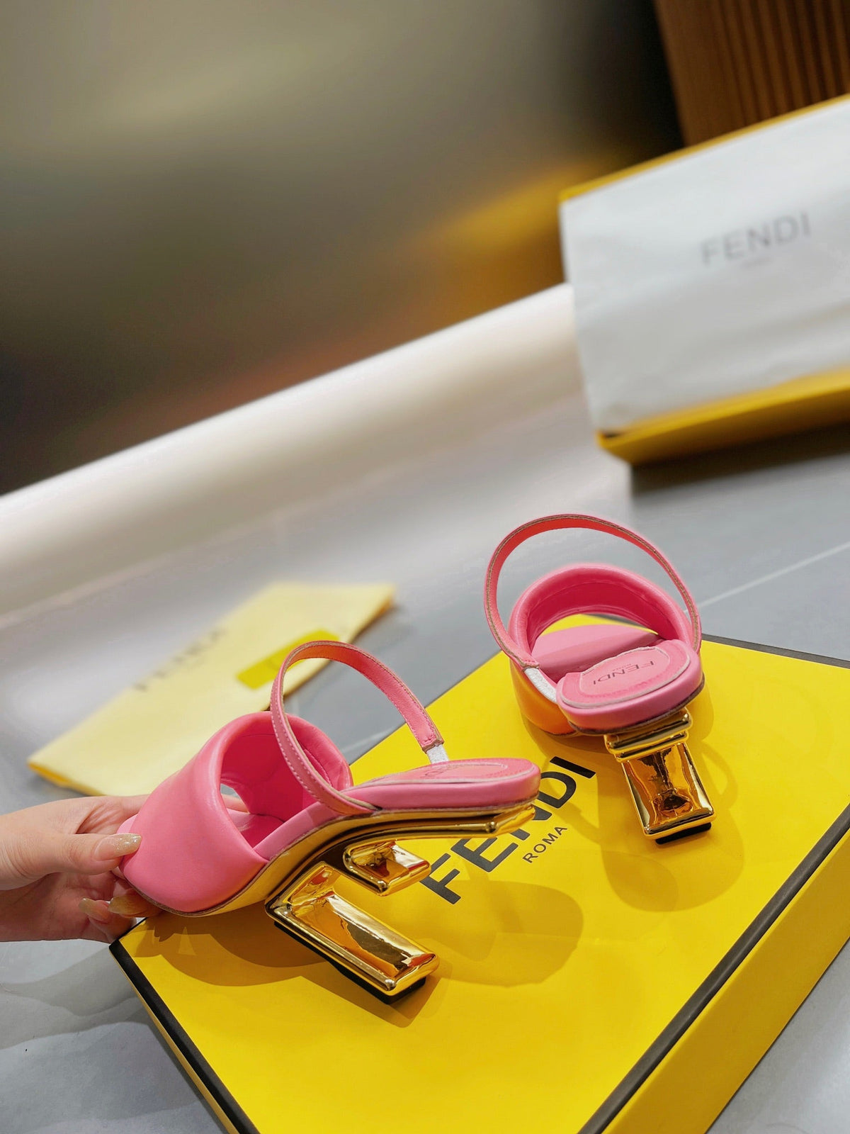 FENDI BAGUETTE HIGH-HEEL SANDALS 8 CM IN DARK PINK CALFSKIN