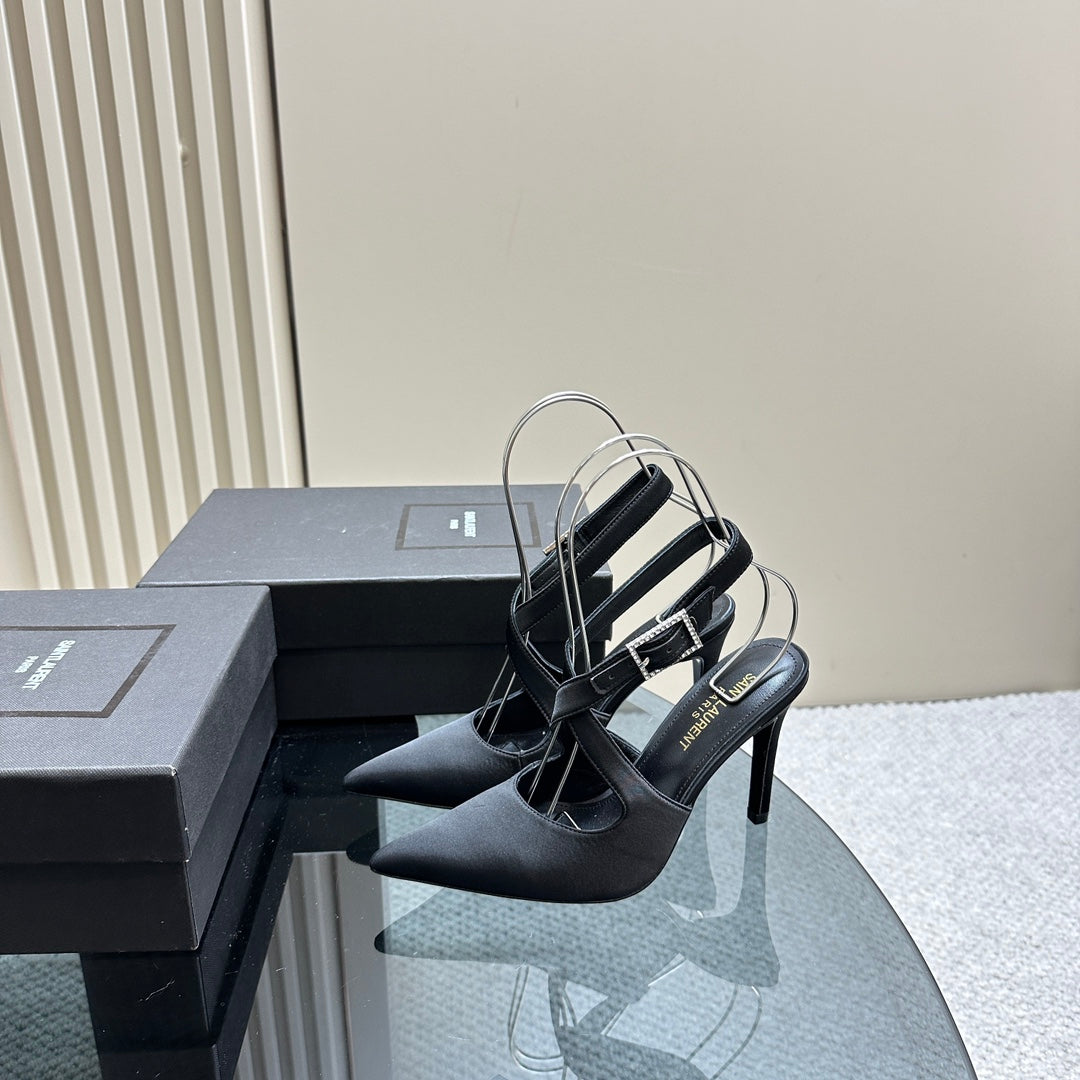 SL CROSS-STRAP SLINGBACK BLACK SATIN