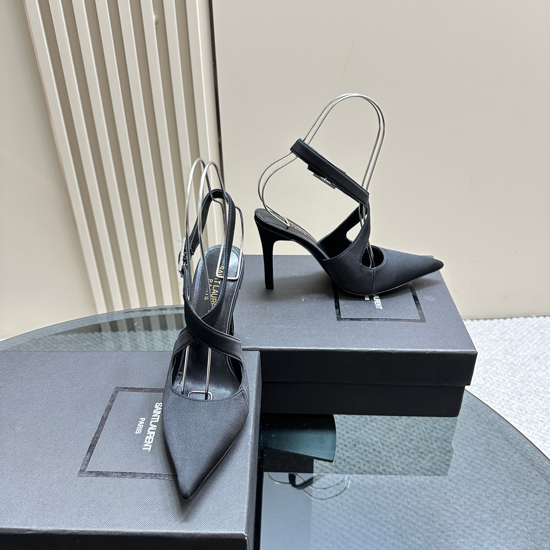 SL CROSS-STRAP SLINGBACK BLACK SATIN