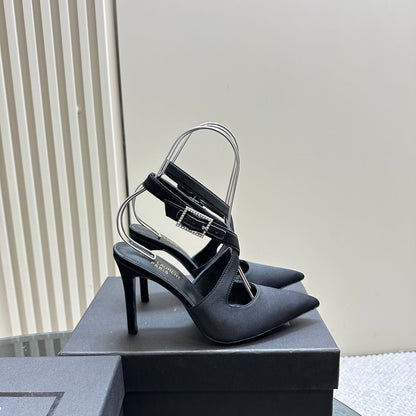 SL CROSS-STRAP SLINGBACK BLACK SATIN