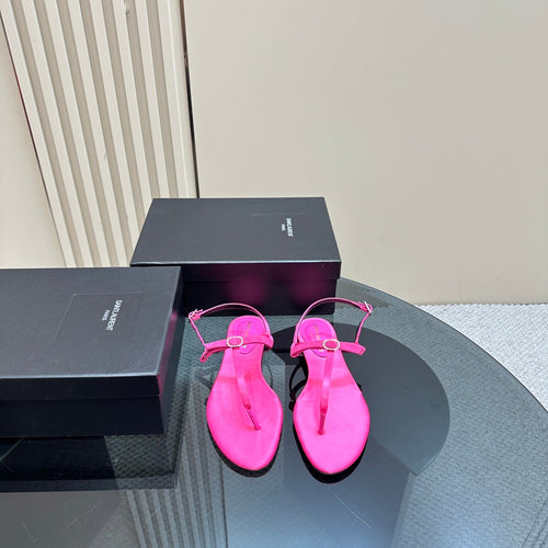 SL CRYSTAL T-STRAP FLAT SANDAL BRIGHT PINK SATIN