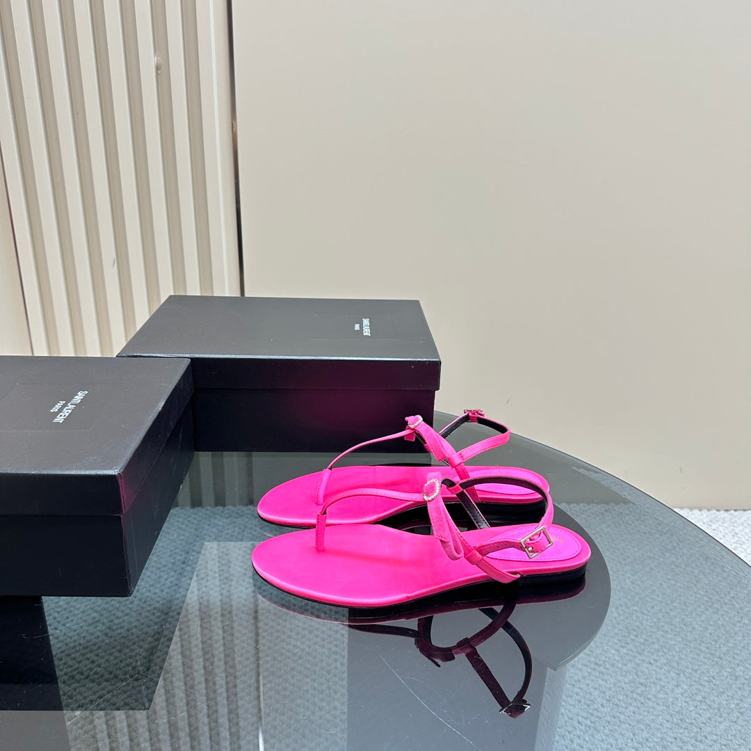 SL CRYSTAL T-STRAP FLAT SANDAL BRIGHT PINK SATIN