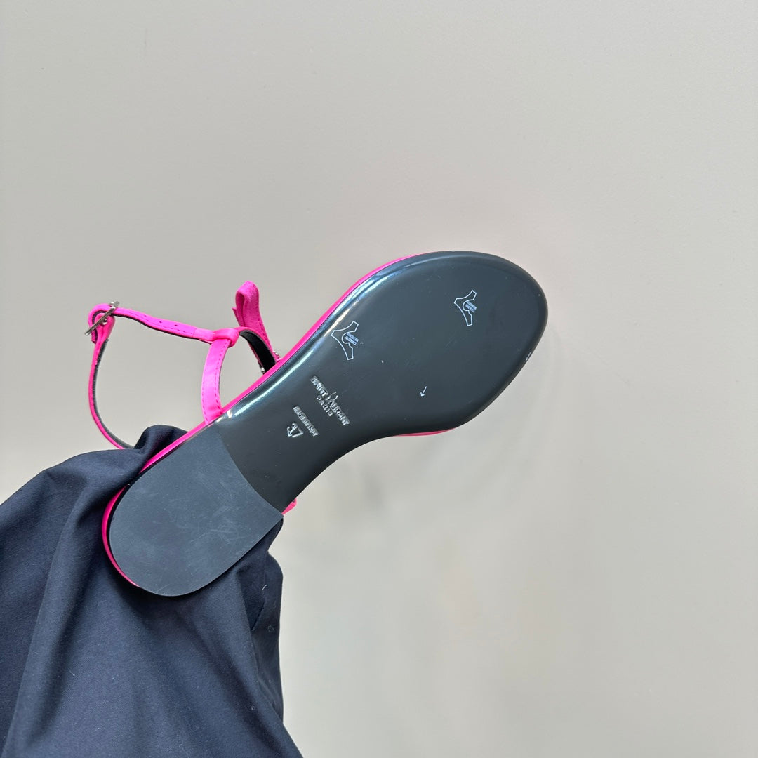 SL CRYSTAL T-STRAP FLAT SANDAL BRIGHT PINK SATIN