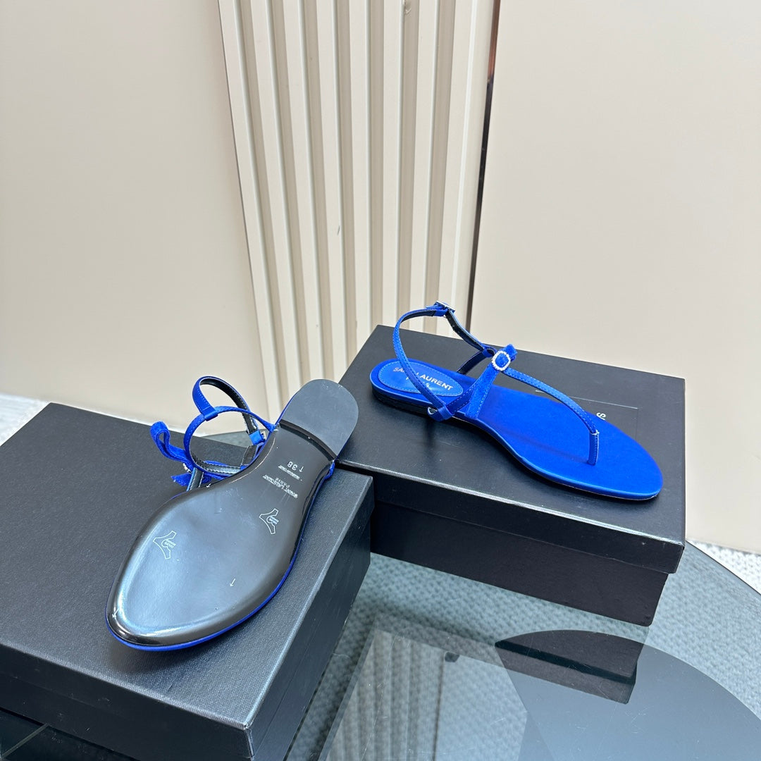 SL CRYSTAL T-STRAP FLAT SANDAL COBALT SATIN