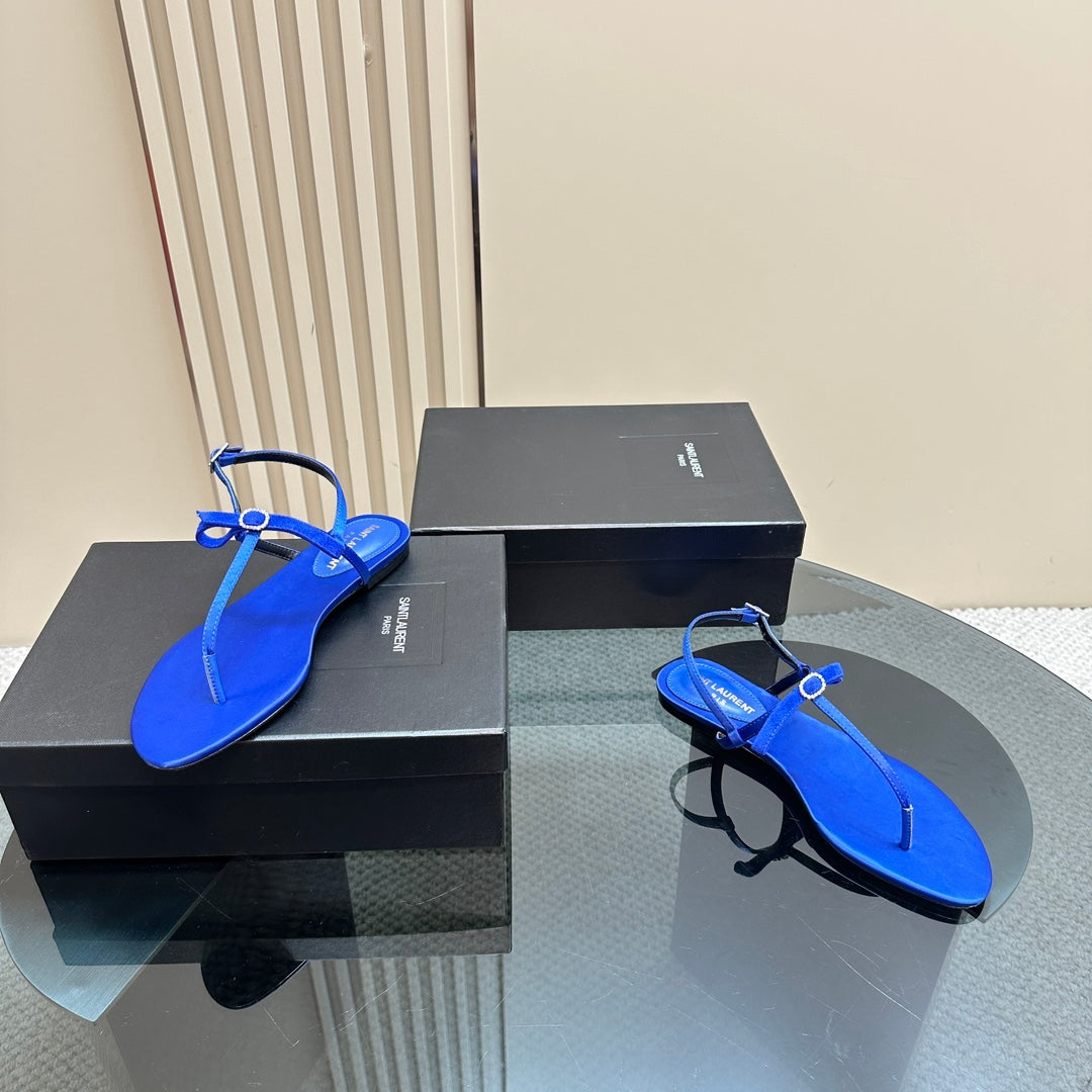 SL CRYSTAL T-STRAP FLAT SANDAL COBALT SATIN