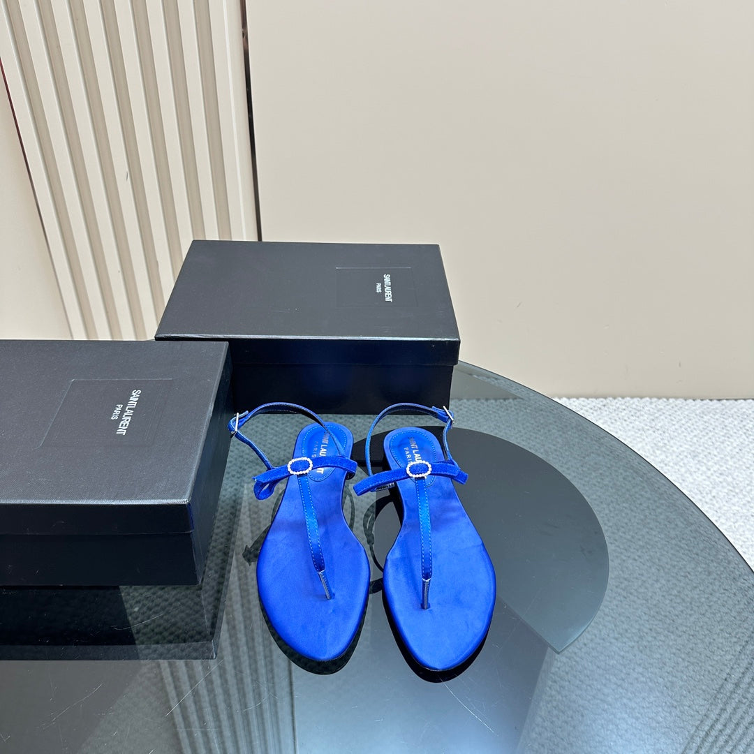 SL CRYSTAL T-STRAP FLAT SANDAL COBALT SATIN