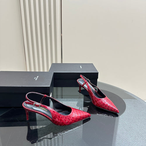 SL TRAPEZE CROCODILE MOTIF SLINGBACK PUMP RED CALFSKIN