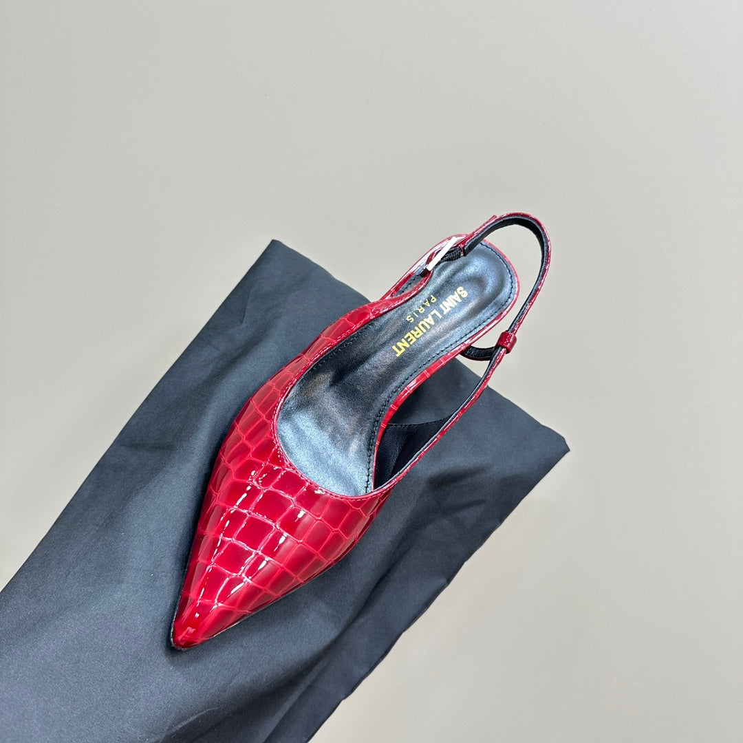 SL TRAPEZE CROCODILE MOTIF SLINGBACK PUMP RED CALFSKIN