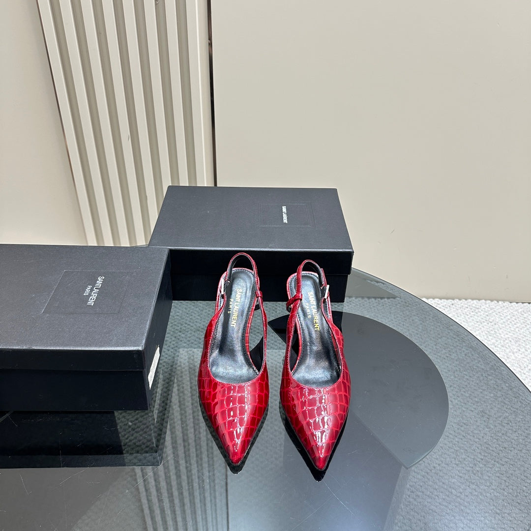 SL TRAPEZE CROCODILE MOTIF SLINGBACK PUMP RED CALFSKIN