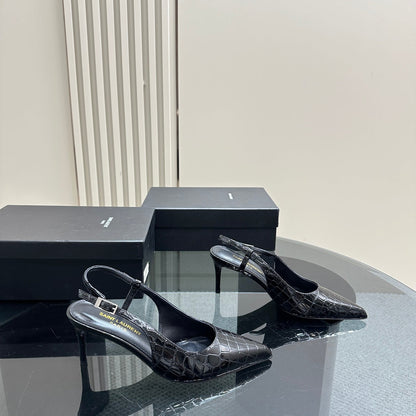 SL TRAPEZE CROCODILE MOTIF SLINGBACK PUMP BLACK CALFSKIN
