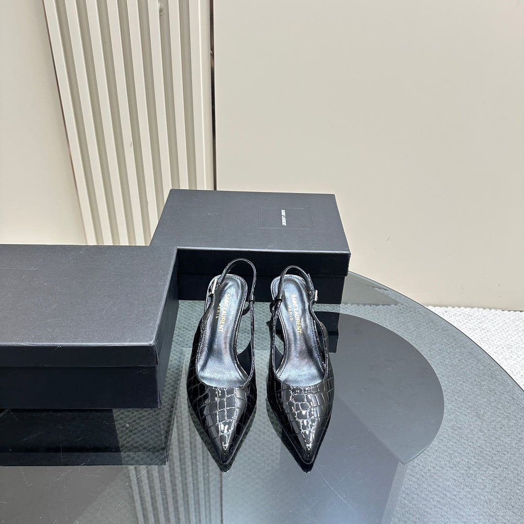 SL TRAPEZE CROCODILE MOTIF SLINGBACK PUMP BLACK CALFSKIN