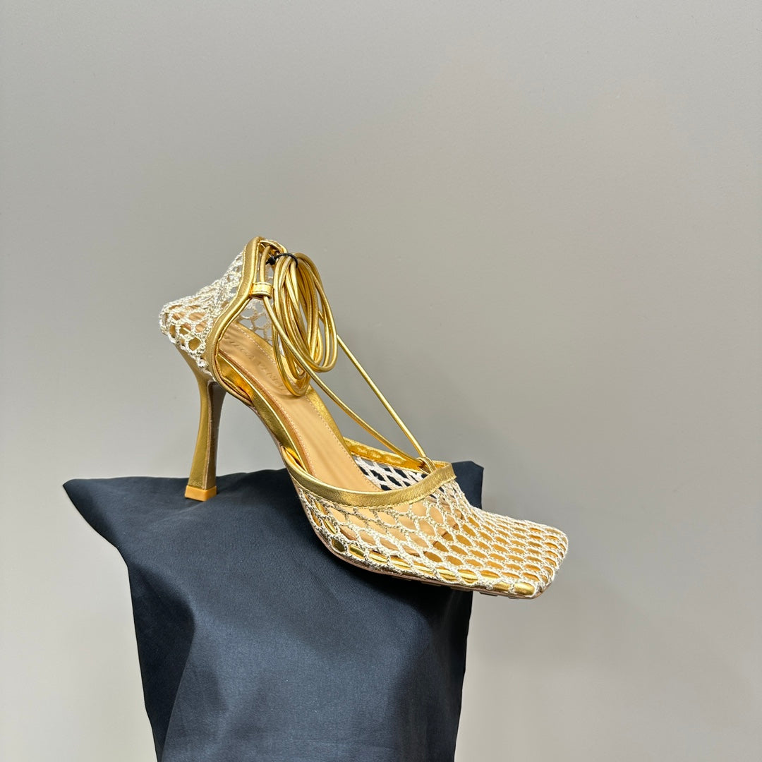 STRETCH HIGH HEELS 9 CM IN GOLD METALLIZE MESH AND LEATHER