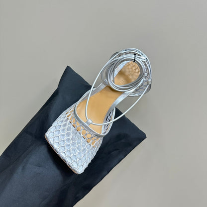 STRETCH HIGH HEELS 9 CM IN SILVER METALLIZE MESH AND LEATHER
