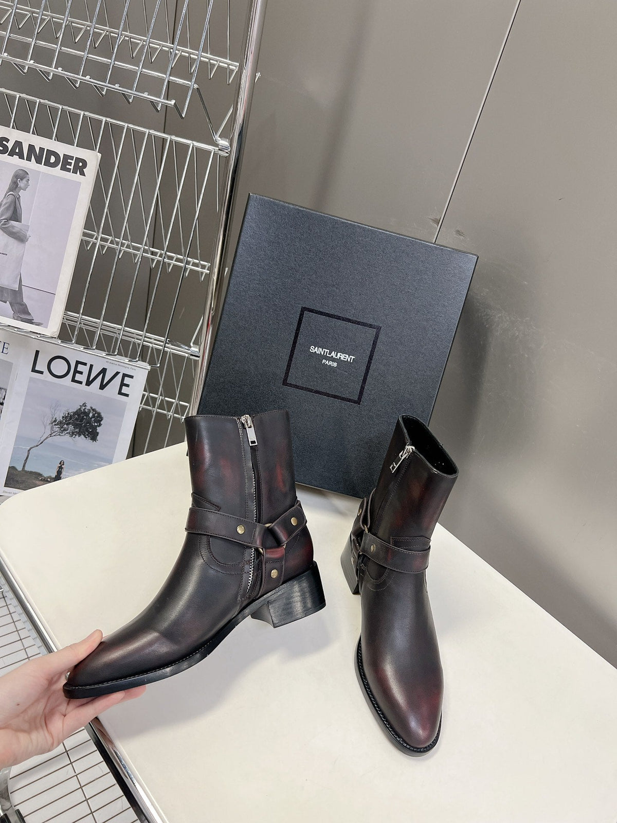 SL HARNESS BOOTS BLACK AND GARNET CALFSKIN