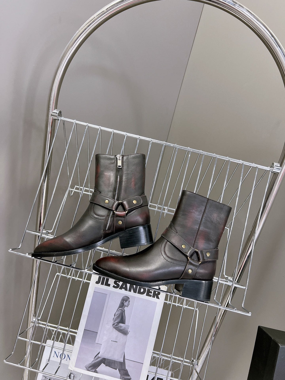 SL HARNESS BOOTS BLACK AND GARNET CALFSKIN