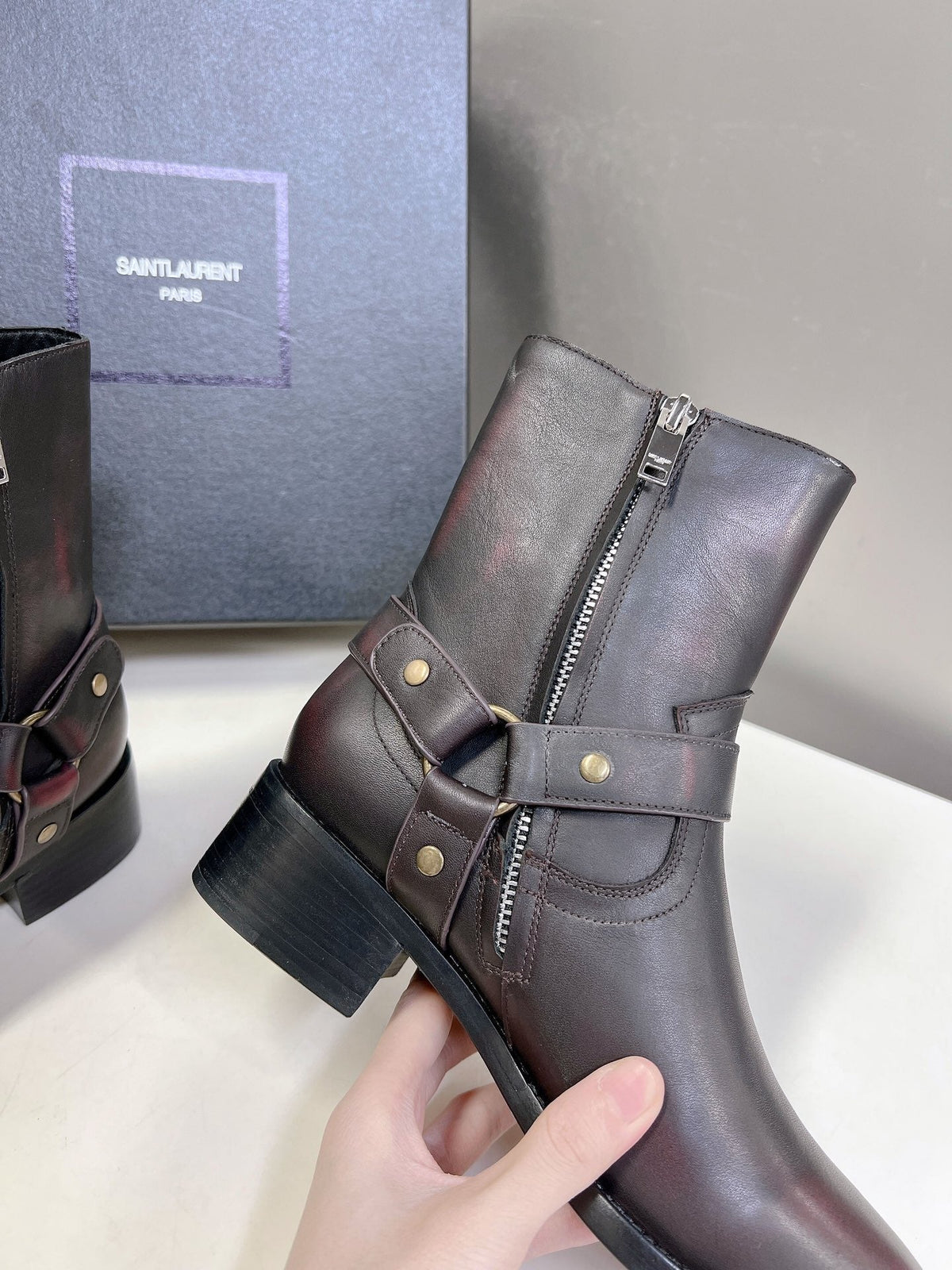 SL HARNESS BOOTS BLACK AND GARNET CALFSKIN