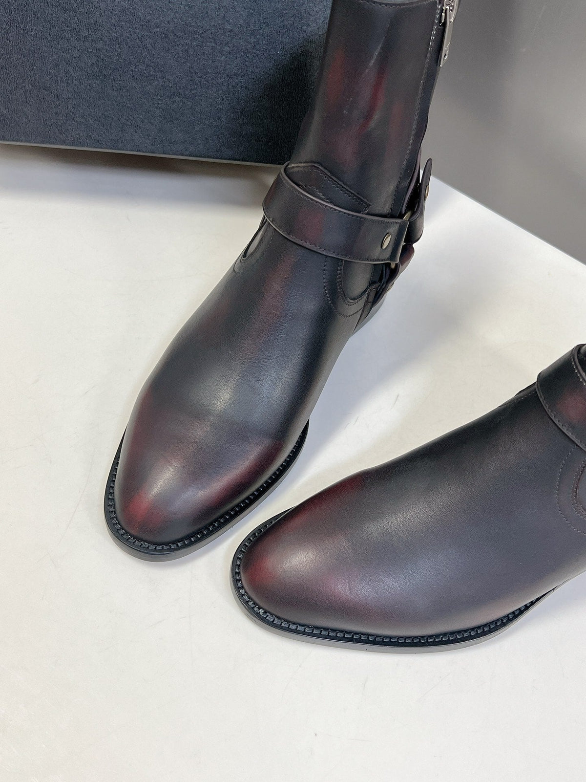 SL HARNESS BOOTS BLACK AND GARNET CALFSKIN