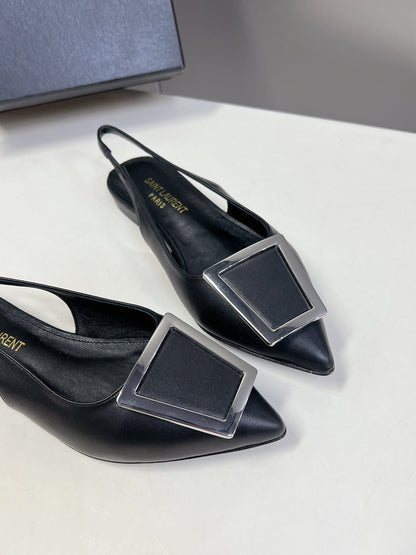 SL SQUARE BUCKLE SLINGBACK BLACK CALFSKIN