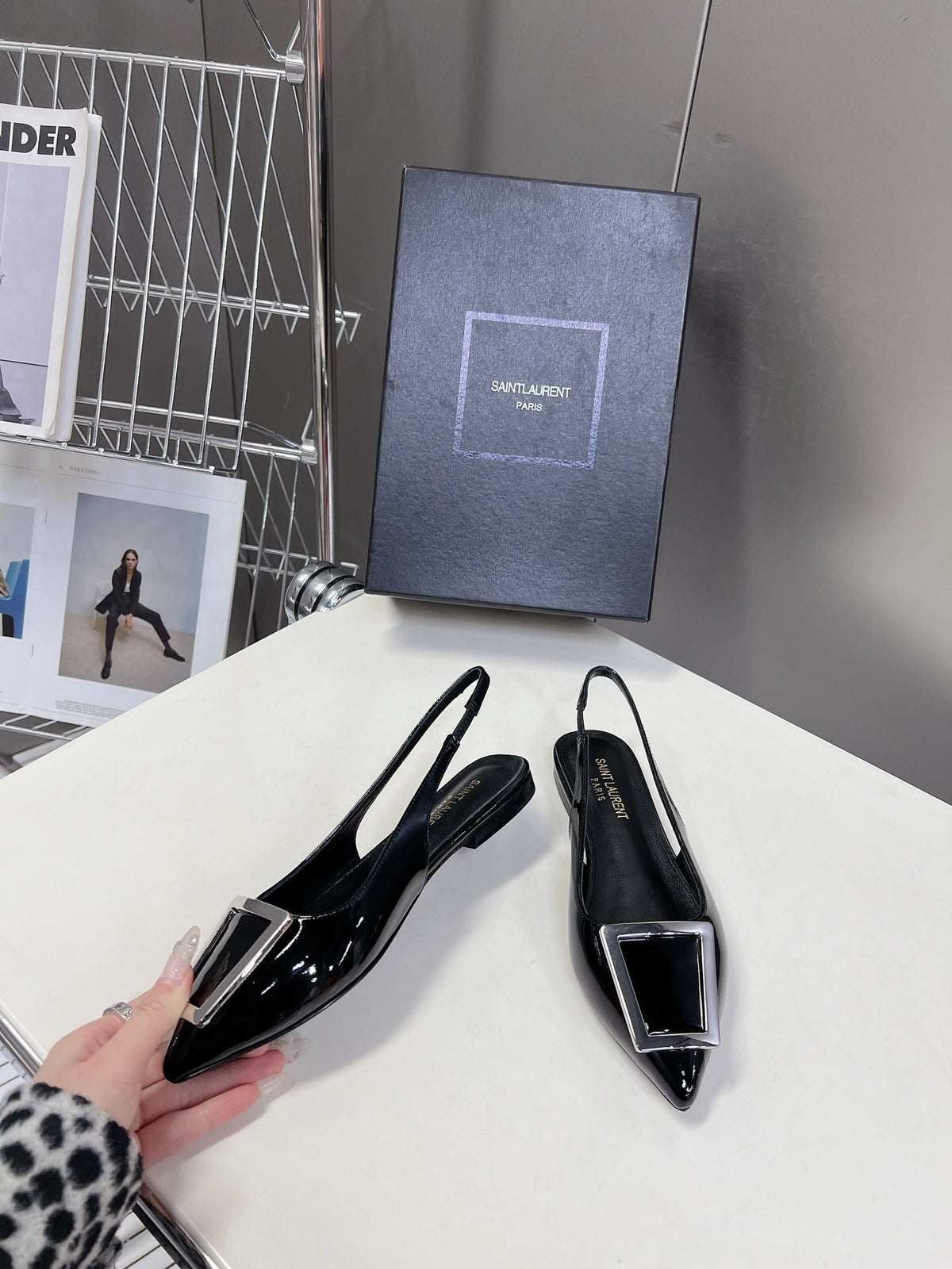 SL SQUARE BUCKLE SLINGBACK BLACK POLISHED CALFSKIN