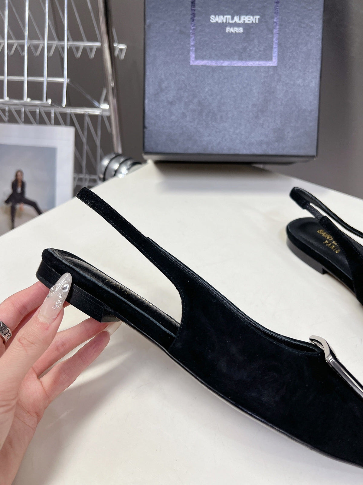 SL SQUARE BUCKLE SLINGBACK BLACK SUEDE
