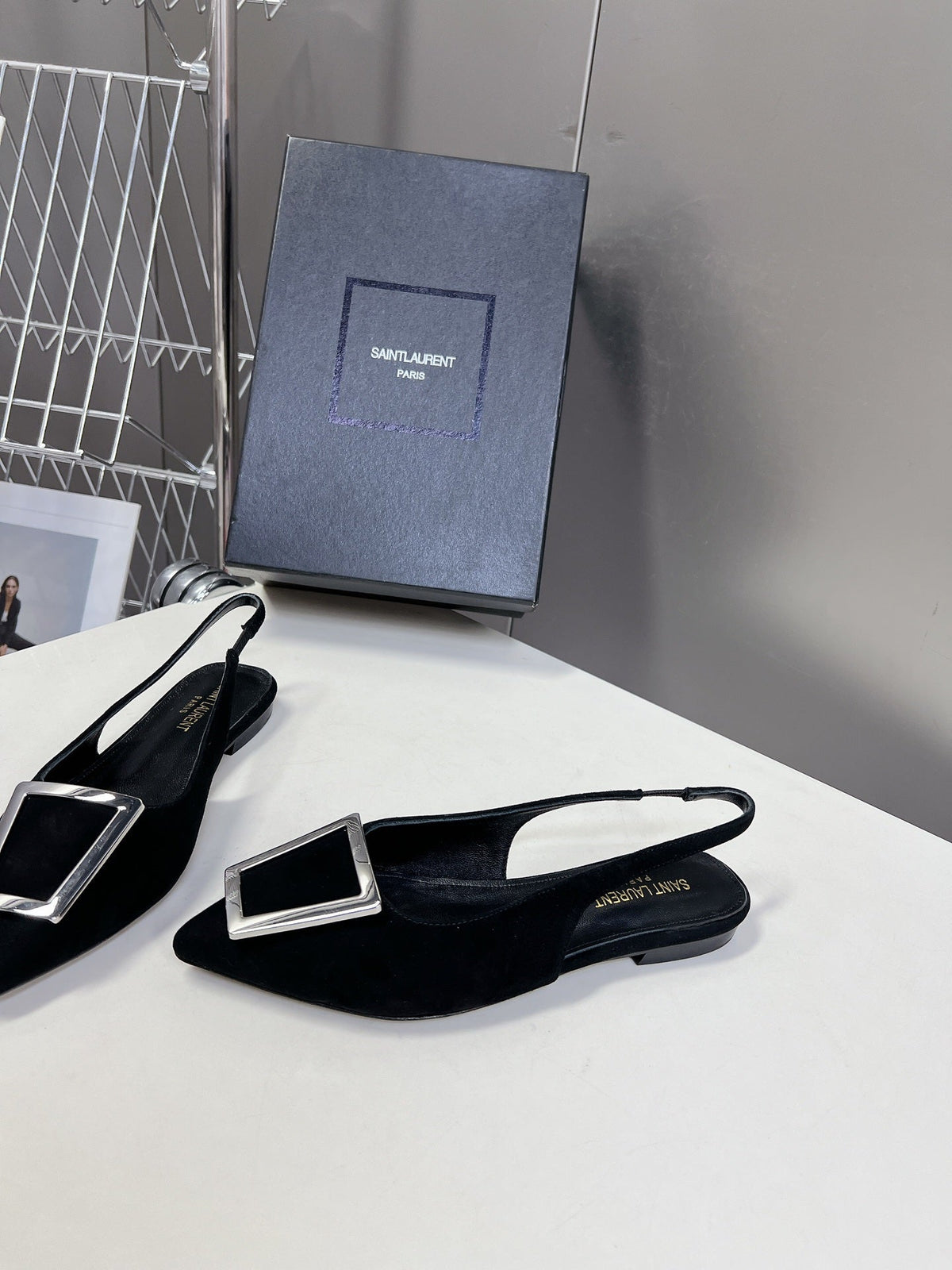 SL SQUARE BUCKLE SLINGBACK BLACK SUEDE
