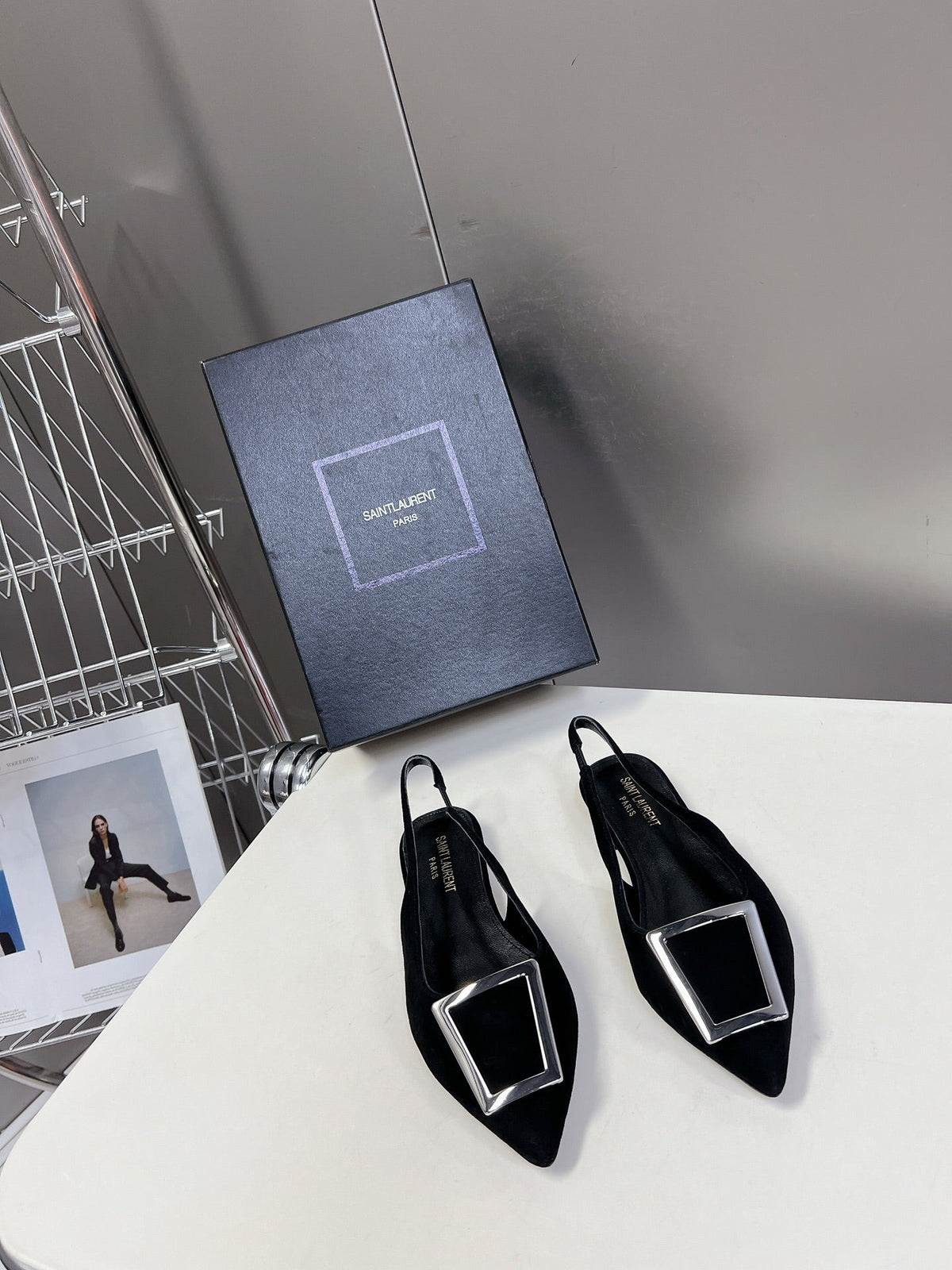 SL SQUARE BUCKLE SLINGBACK BLACK SUEDE