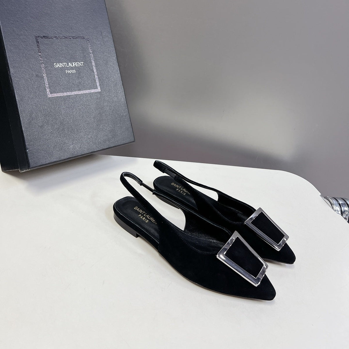 SL SQUARE BUCKLE SLINGBACK BLACK SUEDE