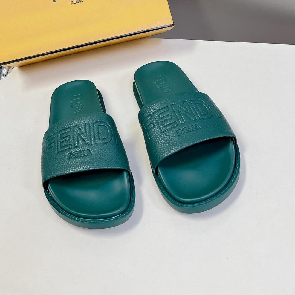 FENDI ROMA SLIDES IN TEAL GREEN LAMBSKIN LEATHER