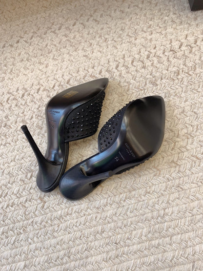 LA 16 HEELED MULES ATTACHED RHINESTONES IN BLACK MESH