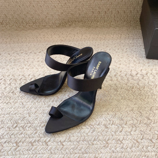 MARTHA POINTED OPEN-TOE HIGH MULES IN BLACK SILK