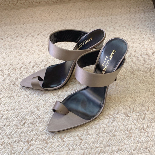 MARTHA POINTED OPEN-TOE HIGH MULES IN GRAY SILK