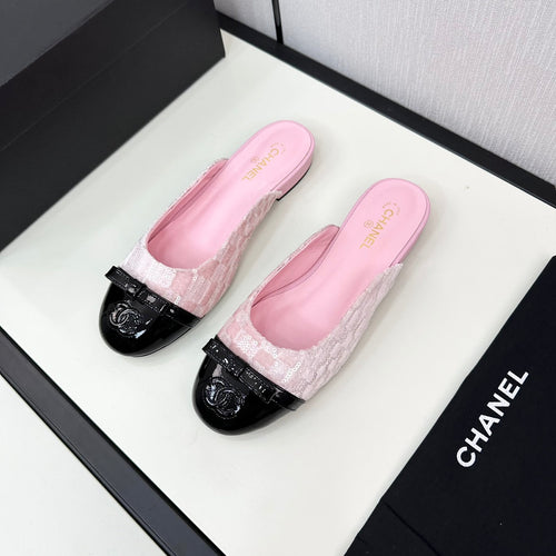 BOW MULE IN LIGHT PINK FABRIC AND BLACK CALFSKIN