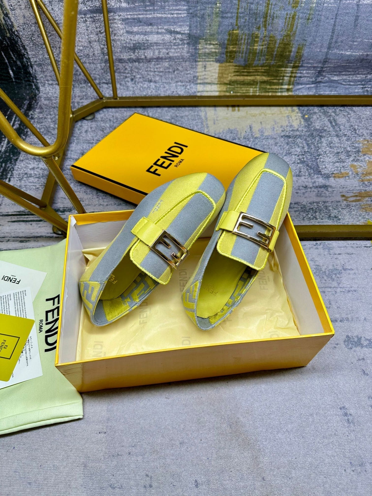 FENDI BAGUETTE LOAFERS IN GREY MIX LEMON YELLOW CANVAS GOLD HARDWARE