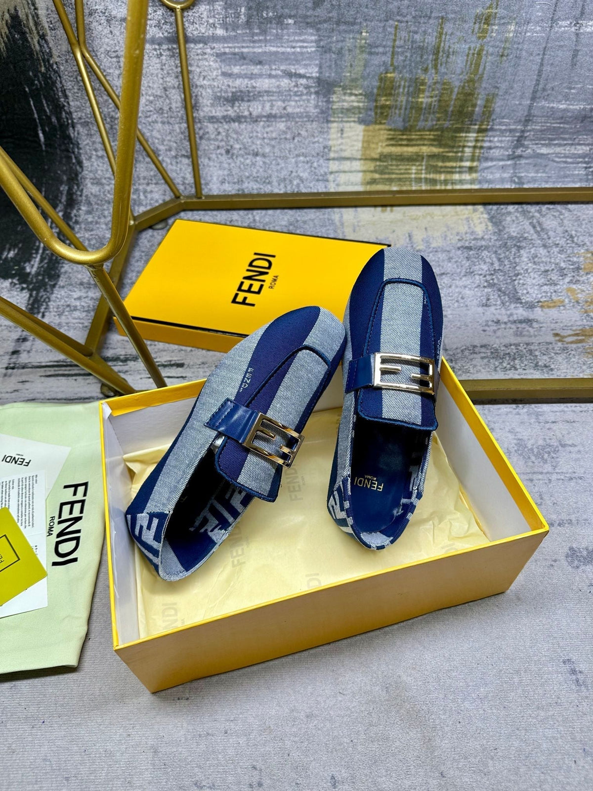 FENDI BAGUETTE LOAFERS IN AZURE BLUE CANVAS GOLD HARDWARE