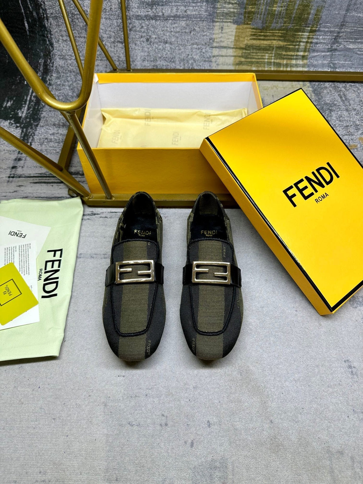 FENDI BAGUETTE LOAFERS IN OLIVE GREEN MIX BLACK CANVAS GOLD HARDWARE