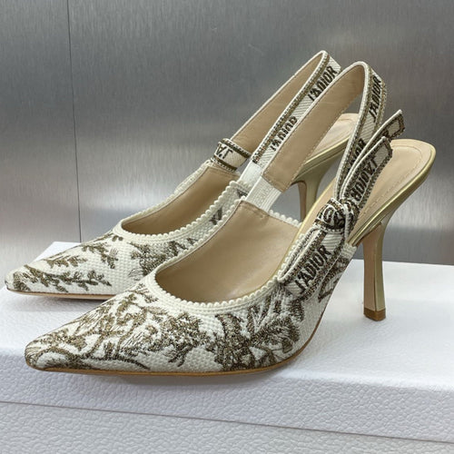 J'ADIOR HIGH SLINGBACK PUMP WHITE AND GOLD-TONE MILLEFIORI JACQUARD 95 MM