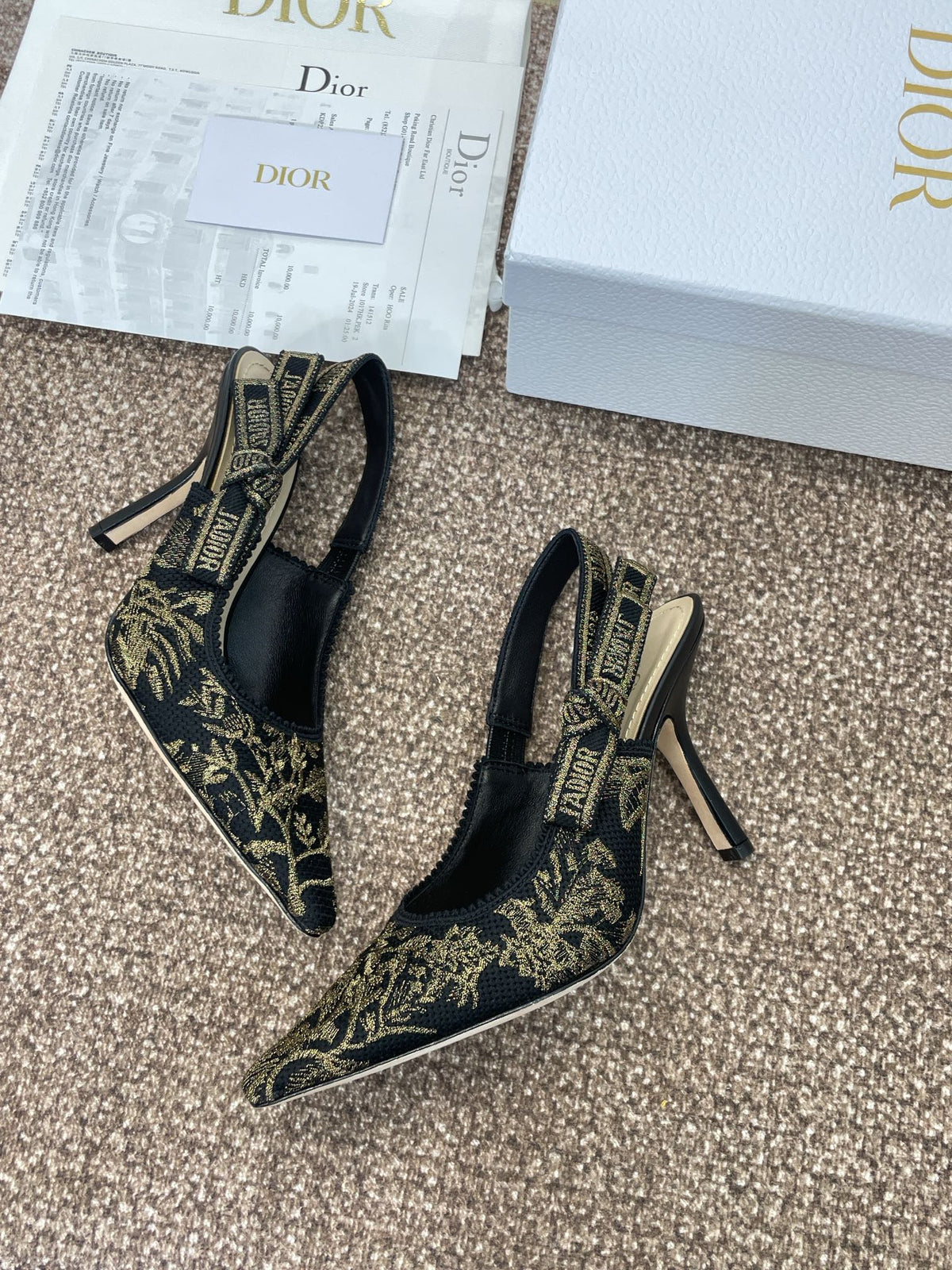 J'ADIOR HIGH SLINGBACK PUMP BLACK AND GOLD-TONE MILLEFIORI JACQUARD 95 MM