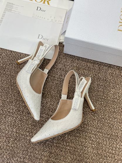J'ADIOR SLINGBACK 25S PUMP 95MM IN WHITE FABRIC EMBOSSED CRYSTAL