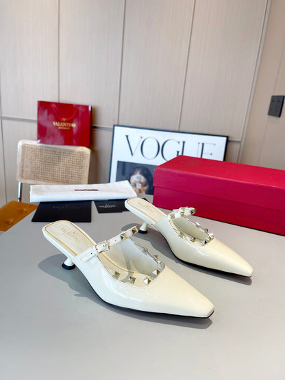 ROCKSTUD CAGED MULES 5 CM IN WHITE CALFSKIN